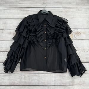 Beulah Style Ruffled Button Down Semi Sheer Blouse Womens Large Black NEW